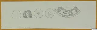 Line drawing of a small disc-shaped object from several views, with a painted curved fragment