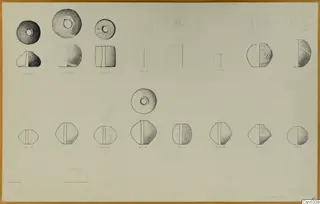 Drawing of BA small finds: round objects with central holes, shown in plan and side views on a sheet.