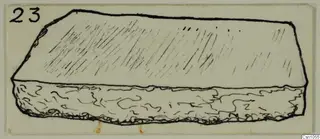 Field drawing of stone object 23: a thick slab with a hatched upper face and a rough, textured lower part
