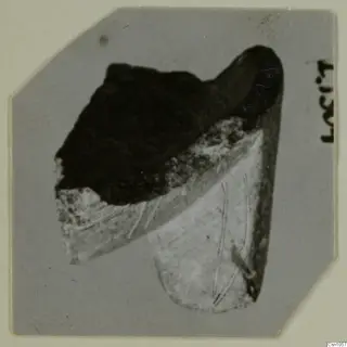 Small broken fragment, dark on top and pale with thin scratches below, shown on a grey card with a number label