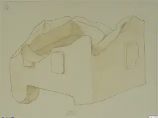 Pencil drawing of a block-shaped object with a hollow open top and rectangular recesses in its sides.