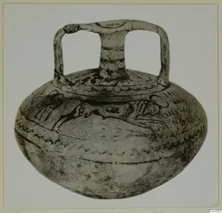 Vessel with a squat body, a tall central neck and two loop handles, painted with an animal and bands, from Cesn.