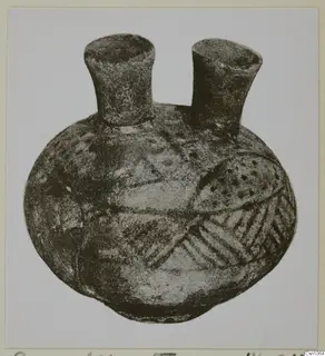 Two-necked vessel with a rounded body and hatched and dotted decoration, shown on a mounted card