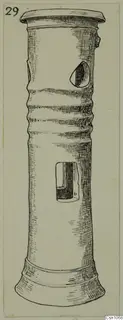 Pen drawing of a tall cylindrical terracotta object with two openings in its side