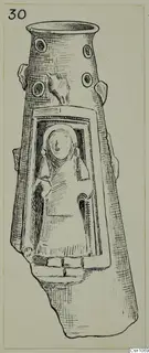 Pen drawing of a terracotta object with a relief figure of a standing figure in a raised rectangular frame