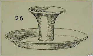 Drawing of a terracotta object: a shallow dish with a tall flared stem rising to a cup-shaped top