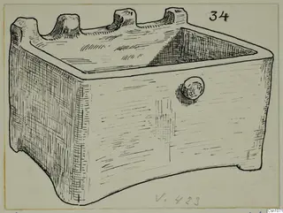 Ink drawing of a rectangular terracotta object with raised projections along its open top and a round knob on its front
