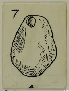 Drawing of a pear-shaped terracotta object with a small loop at the top and hatched shading.