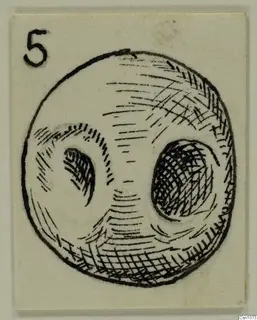 Pen drawing of terracotta V.10, a rounded object with two large dark hollows