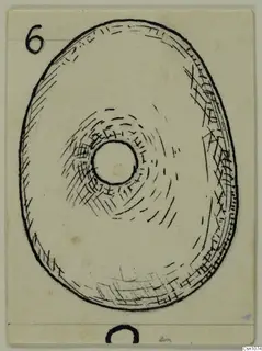 Pen drawing of a terracotta loom weight from Vouni, an oval disc with a central hole