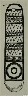 Ink drawing of a terracotta object from Lapithos, with banded zigzag and lozenge patterns and a concentric circle near the base.