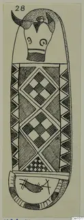 Ink drawing of a terracotta object with a head at the top, checkerboard diamond panels on the body and a fish-like motif at the base