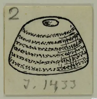 Ink drawing of a small domed terracotta object with dotted bands and a small oval opening at the top, on a cream card