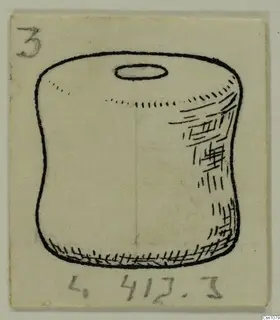 Pen drawing of a barrel-shaped terracotta spindle whorl with a central hole, seen from the side