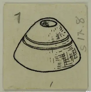 Drawing of a cone-shaped terracotta object with two encircling bands and hatched markings on its body
