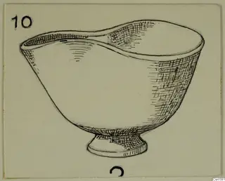 Drawing of a vessel with a broad, flattened lip extending to one side and a low foot