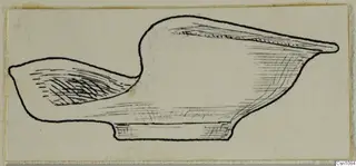 Pen drawing in side profile of a terracotta lamp with a long tapering spout to the left.