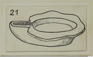 Ink drawing of a terracotta lamp with a long narrow nozzle to the left, on a card mount