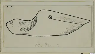 Pen drawing of a terracotta lamp in side view, with a pointed nozzle and a round filling hole