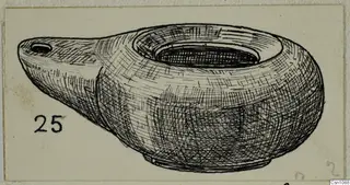 Pen drawing of a terracotta lamp with a long pointed nozzle and a wide oval filling opening