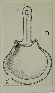 Pen drawing of a terracotta lamp with a long handle, with two number labels in the corners.