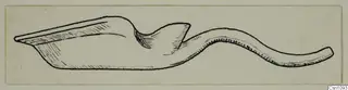 Pen-and-ink drawing of a terracotta lamp in side profile, with a pointed nozzle at left and a long curved handle at right.