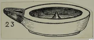 Drawing of a terracotta lamp with a spout on the left and a raised cone in the centre of the bowl