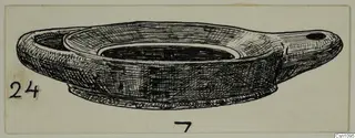 Pen drawing of a terracotta lamp with a shallow filling hole and a long nozzle with a wick hole