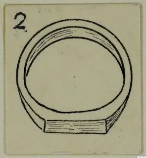 Drawing of a finger ring with a flat rectangular bezel, with a number label in the top left corner