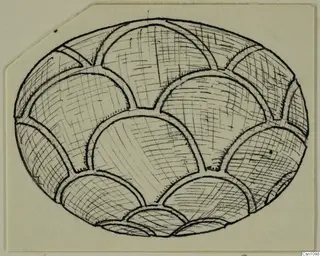 Pen drawing of an oval object decorated with overlapping arcs, on a pale card.