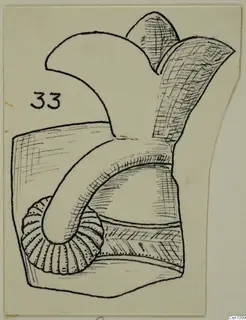 Pen drawing of an object fragment with a curved projection and a ribbed lower lobe, with a number label at left.