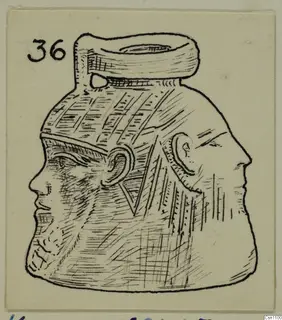 Drawing of a faience figure: a head with a face on each side and a cylindrical top.