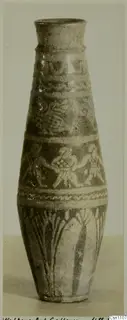 Faience pot from the Walters Art Gallery, with bands of figures and vertical motifs on its body
