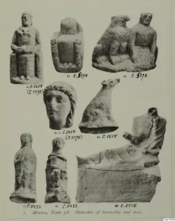 Printed plate of terracotta and stone statuettes from Marion, Tomb 58, shown as several separate photographs
