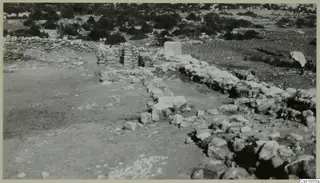 Low stone walls and foundations at Nitovikla on the Karpas Peninsula, with scrub behind