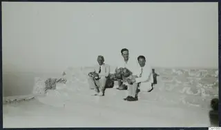 John Lindros, Einar Gjerstad and Alfred Westholm sitting on stone steps at Vouni Palace