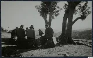Several people sitting outdoors in a loose circle beside gnarled trees on a rocky hilltop at Vouni