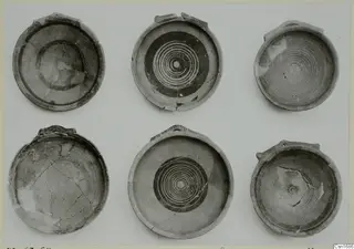 Six shallow bowls with concentric circle patterns from Marion, shown in two rows of three.