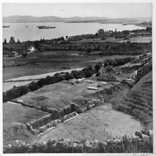 The theatre at Soli during excavation, with the bay and hills beyond.