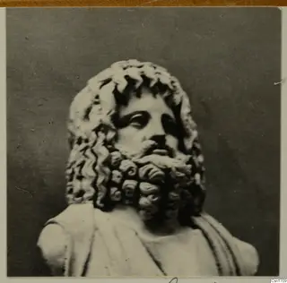 Bust of a bearded man with long curled hair and beard, shown in a photograph