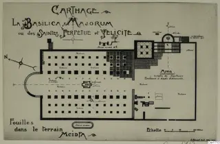 Printed plan of the Basilica Majorum at Carthage, with rows of small square tombs inside a long enclosure.