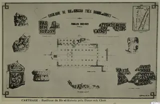 Printed plate with a ground plan of the basilica at Bir-el-Knissia, Carthage, surrounded by drawn fragments of reliefs and inscriptions