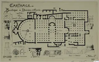 Plan of the Basilica of Damous-el-Karila at Carthage, with architectural details drawn around it