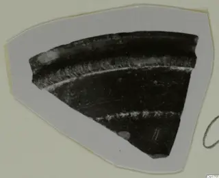 Pottery sherd with a dark glossy surface and pale ridged bands, mounted on a pale card