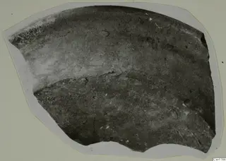 Curved pottery sherd with a broken edge, photographed on a pale card mount