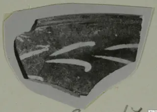 Pottery sherd with curved white painted strokes on a dark surface, Cypro-Hell. II