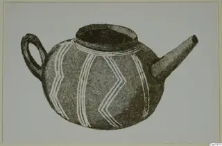 Drawing of a Red Polished III jug with a spout, a loop handle and white zigzag and vertical bands