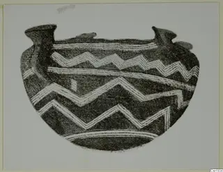 Drawing of a Red Polished I Stewart vessel with white zigzag bands on a dark body