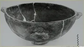 Pottery Red Polished I bowl from Vounous, with two side handles and mended cracks