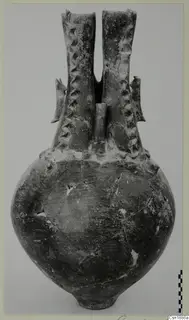 Pottery vessel with a globular body and two tall twin necks with notched applied relief, Red Polished I